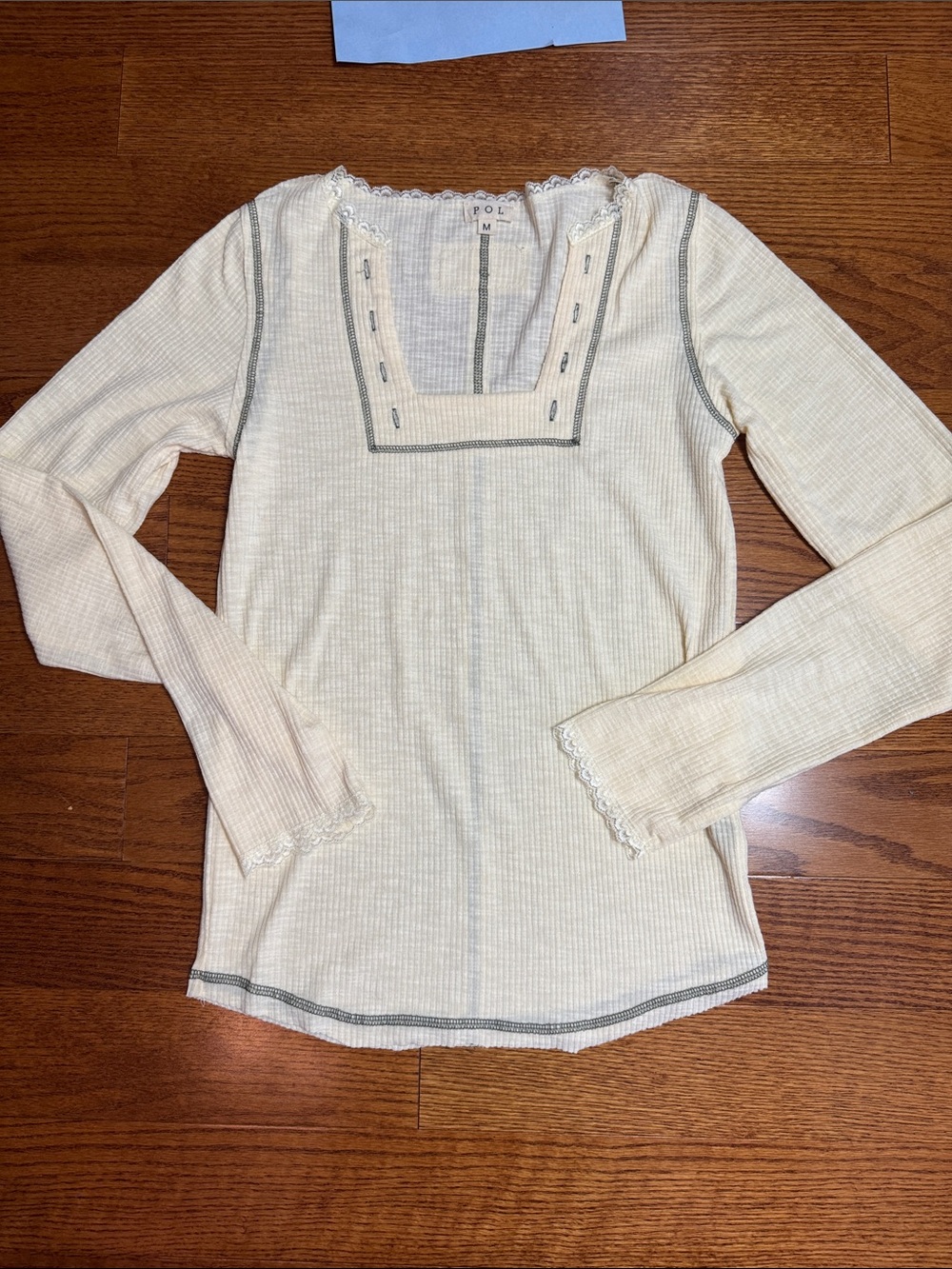 Medium POL cream ribbed thermal long-sleeve top with square neckline